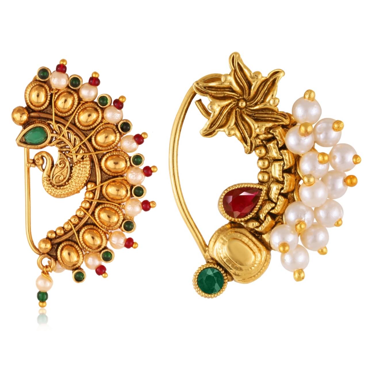 Vivastri's Premium Gucchedar Maharashtrian/Peackock Styled Nosepin Combo Set Of 2 For Ladies-VIVA1107-1170NTH-Press-Multi Vivastri's Premium Gucchedar Maharashtrian/Peackock Styled Nosepin Combo Set Of 2 For Ladies-VIVA1107-1170NTH-Press-Multi