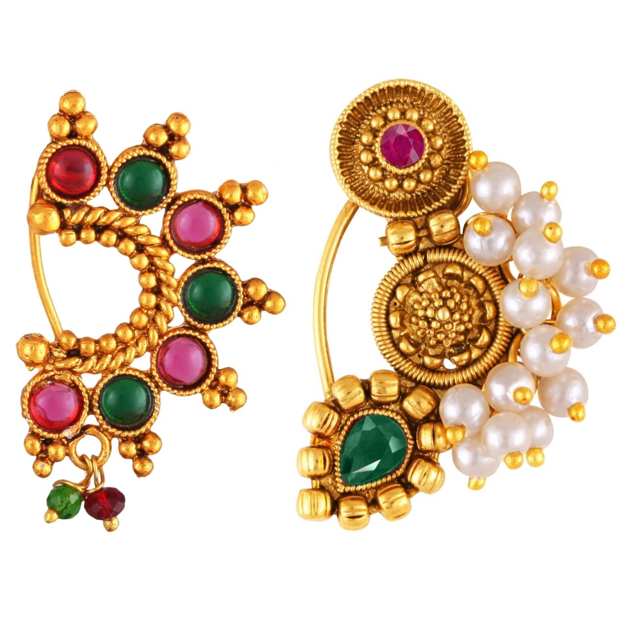     			Vivastri's Premium Gucchedar Maharashtrian/Peackock Styled Nosepin Combo Set Of 2 For Ladies-VIVA1033-1168NTH-Press-Multi