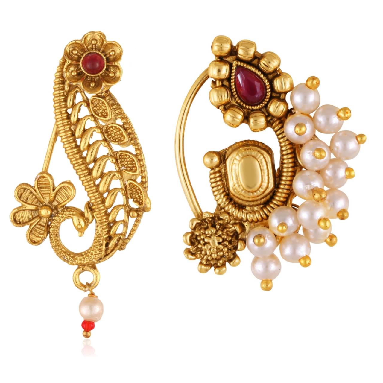     			Vivastri's Premium Gucchedar Maharashtrian/Peackock Styled Nosepin Combo Set Of 2 For Ladies-VIVA1095-1166NTH-Press-Red