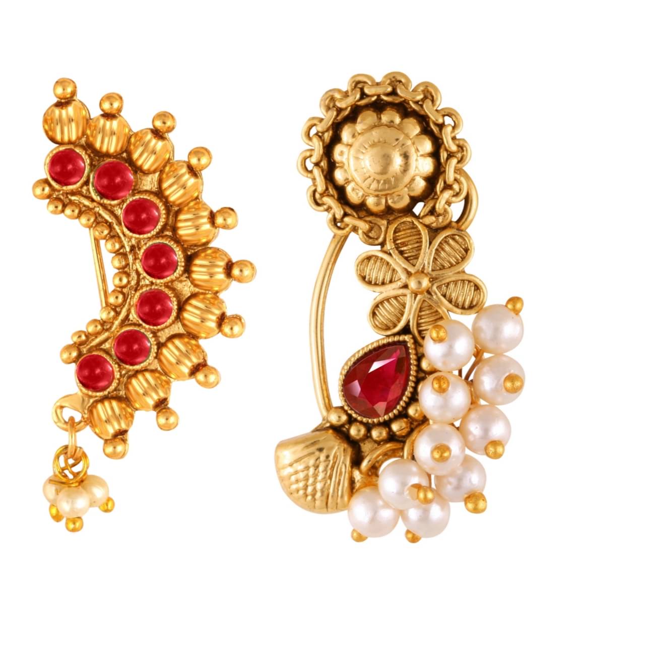     			Vivastri's Premium Gucchedar Maharashtrian/Peackock Styled Nosepin Combo Set Of 2 For Ladies-VIVA1113-1175NTH-Press-Red
