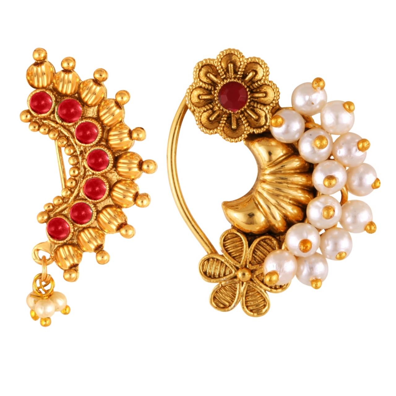    			Vivastri's Premium Gucchedar Maharashtrian/Peackock Styled Nosepin Combo Set Of 2 For Ladies-VIVA1113-1179NTH-Press-Red