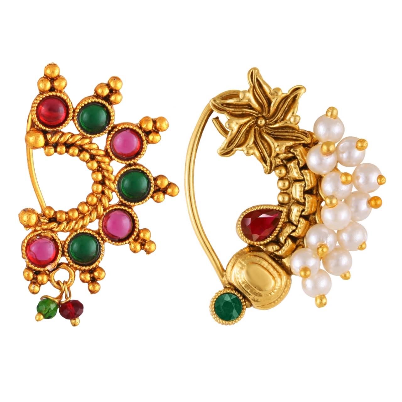     			Vivastri's Premium Gucchedar Maharashtrian/Peackock Styled Nosepin Combo Set Of 2 For Ladies-VIVA1033-1170NTH-Press-Multi