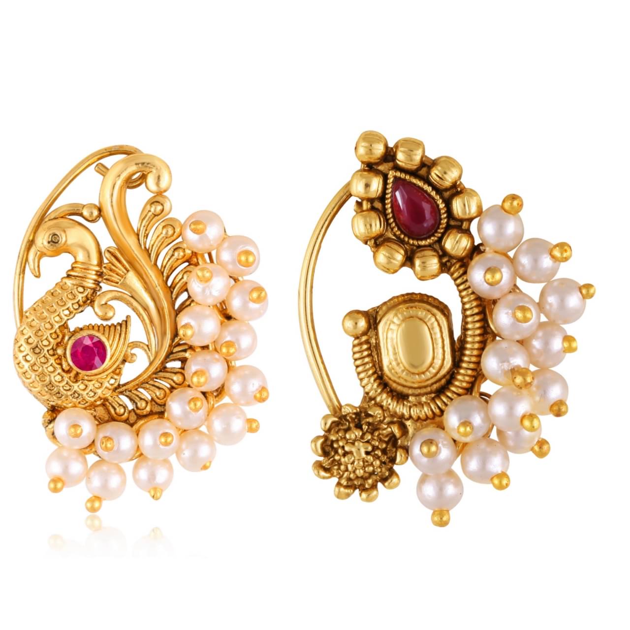 Vivastri's Premium Gucchedar Maharashtrian/Peackock Styled Nosepin Combo Set Of 2 For Ladies-VIVA1134-1166NTH-Press-Red Vivastri's Premium Gucchedar Maharashtrian/Peackock Styled Nosepin Combo Set Of 2 For Ladies-VIVA1134-1166NTH-Press-Red