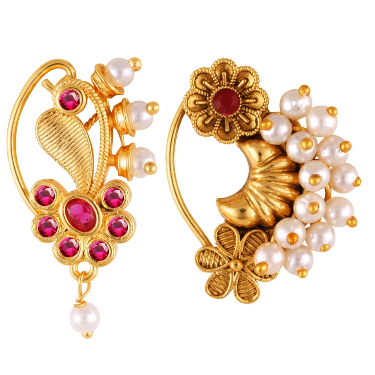     			Vivastri's Premium Gucchedar Maharashtrian/Peackock Styled Nosepin Combo Set Of 2 For Ladies-VIVA1152-1179NTH-Press-Red