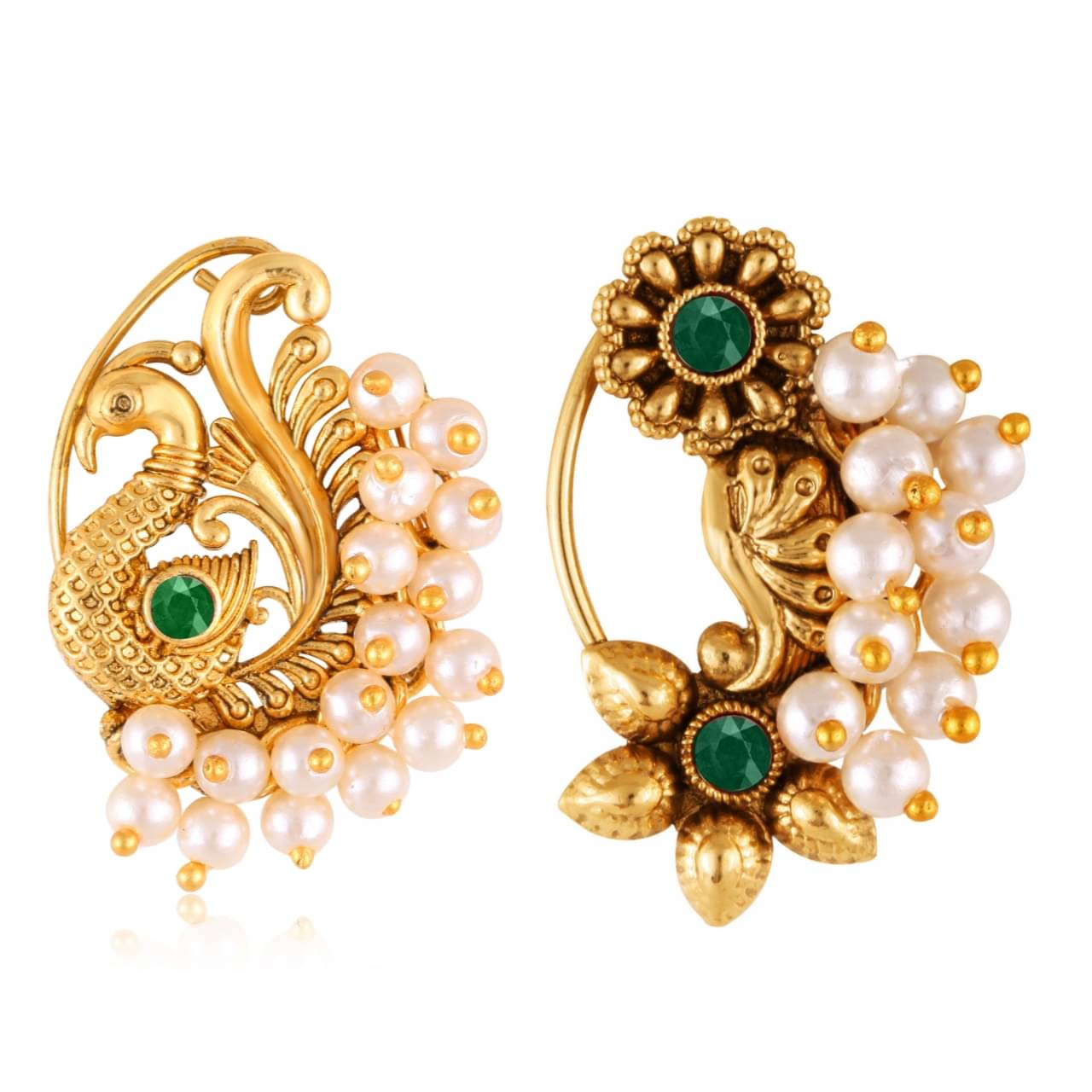     			Vivastri's Premium Gucchedar Maharashtrian/Peackock Styled Nosepin Combo Set Of 2 For Ladies-VIVA1134-1180NTH-Press-Green