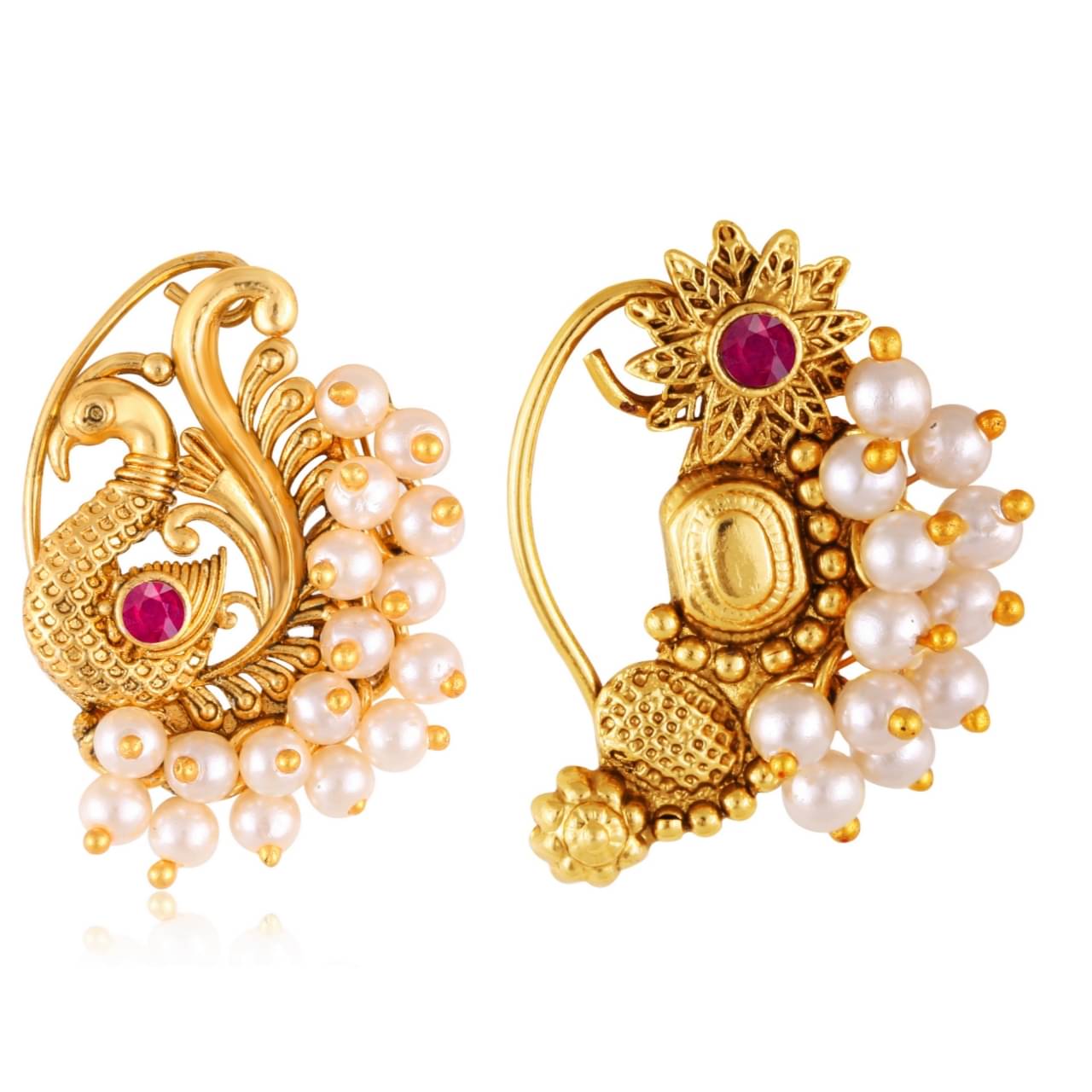 Vivastri's Premium Gucchedar Maharashtrian/Peackock Styled Nosepin Combo Set Of 2 For Ladies-VIVA1134-1167NTH-Press-Red Vivastri's Premium Gucchedar Maharashtrian/Peackock Styled Nosepin Combo Set Of 2 For Ladies-VIVA1134-1167NTH-Press-Red