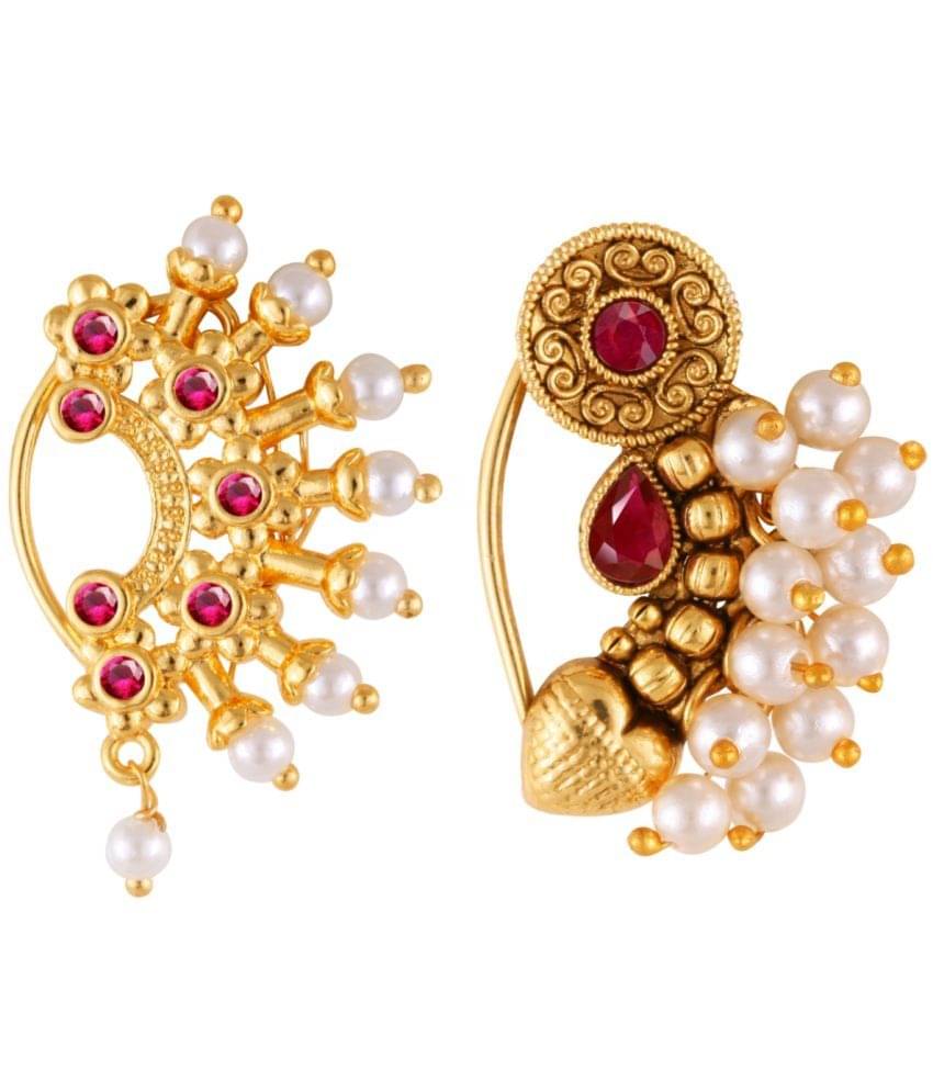     			Vivastri's Premium Gucchedar Maharashtrian/Peackock Styled Nosepin Combo Set Of 2 For Ladies-VIVA1163-1174NTH-Press-Red