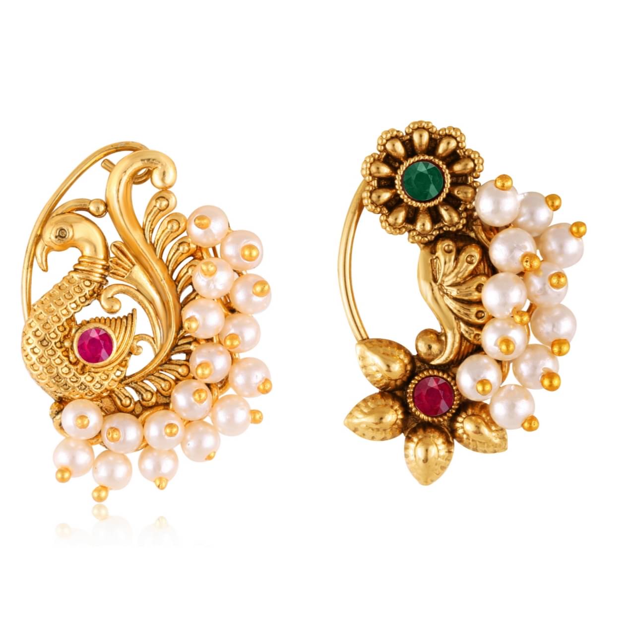 Vivastri's Premium Gucchedar Maharashtrian/Peackock Styled Nosepin Combo Set Of 2 For Ladies-VIVA1134Red-1180NTH-Press-Multi Vivastri's Premium Gucchedar Maharashtrian/Peackock Styled Nosepin Combo Set Of 2 For Ladies-VIVA1134Red-1180NTH-Press-Multi