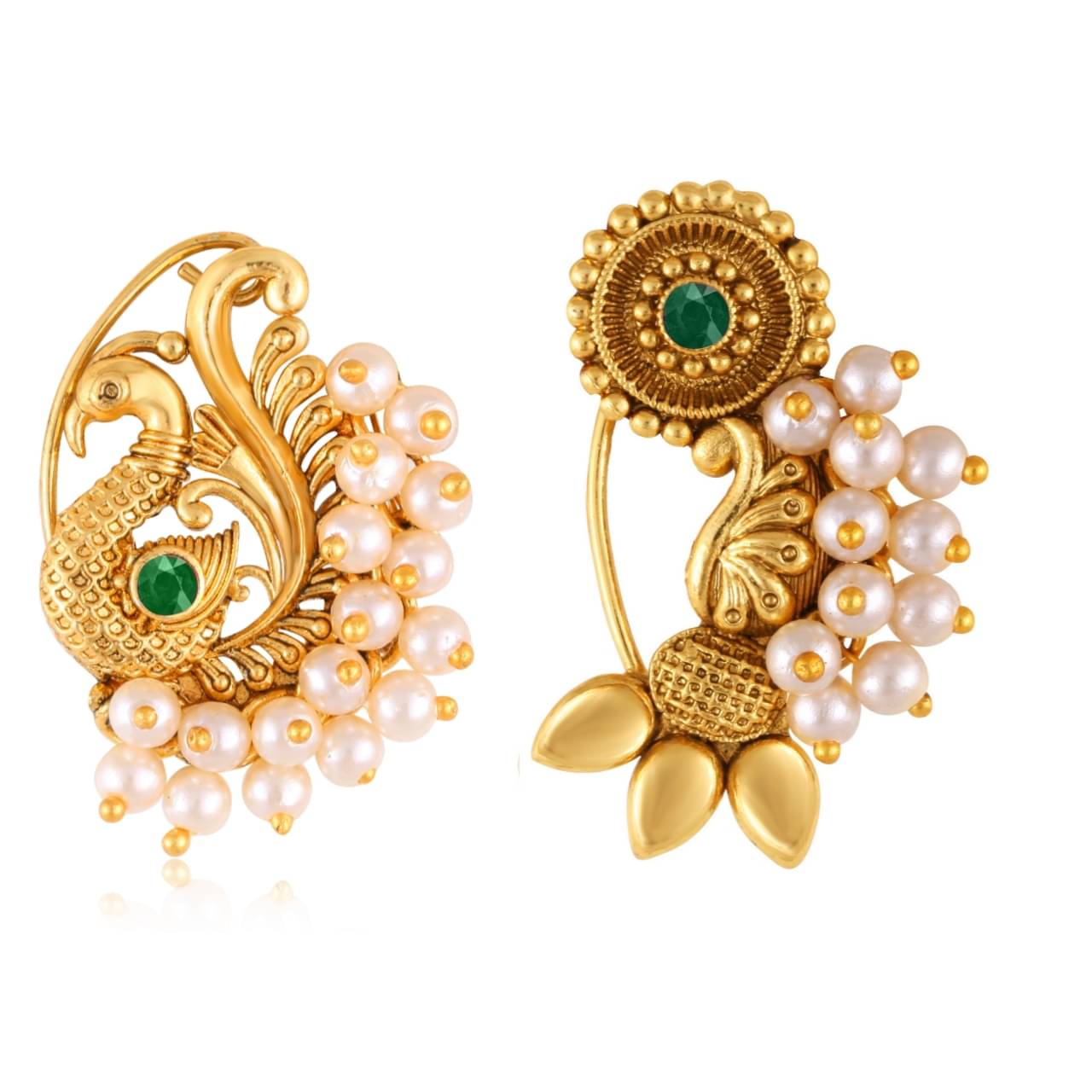 Vivastri's Premium Gucchedar Maharashtrian/Peackock Styled Nosepin Combo Set Of 2 For Ladies-VIVA1134-1172NTH-Press-Green Vivastri's Premium Gucchedar Maharashtrian/Peackock Styled Nosepin Combo Set Of 2 For Ladies-VIVA1134-1172NTH-Press-Green