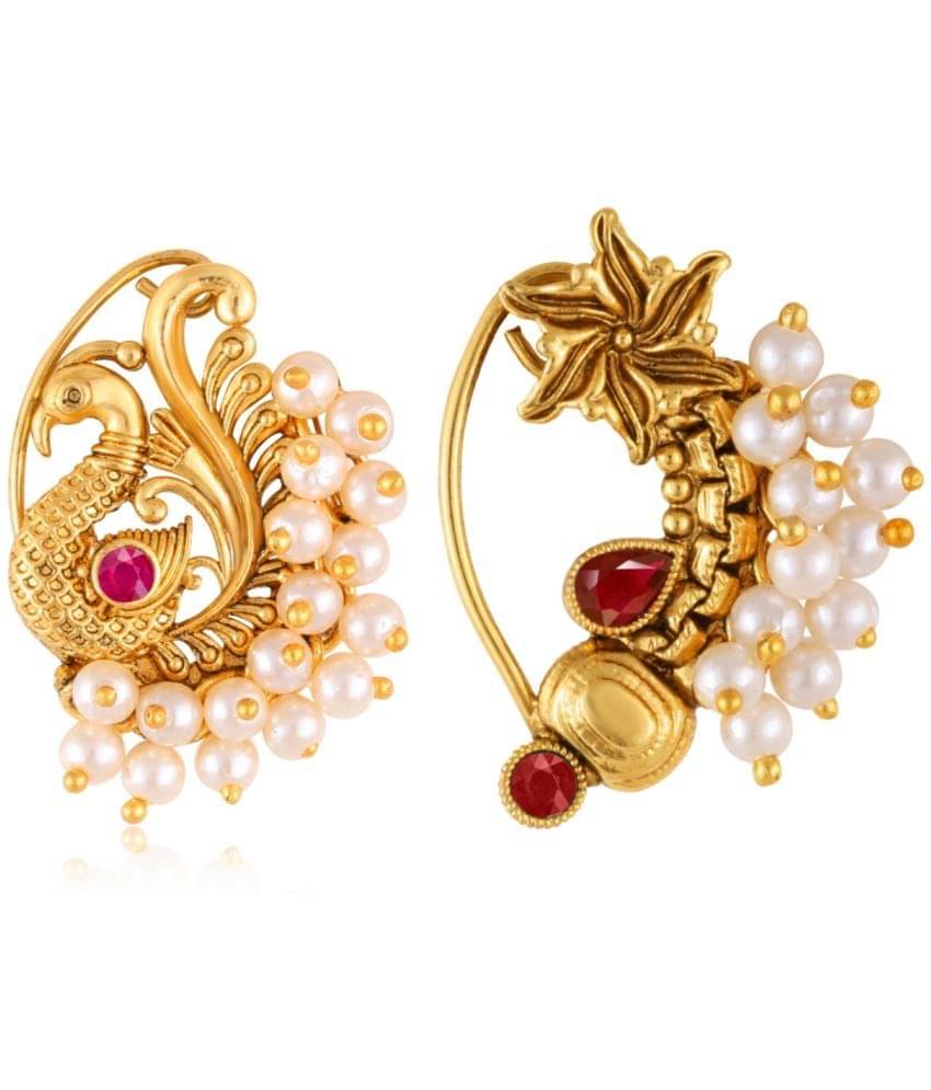     			Vivastri's Premium Gucchedar Maharashtrian/Peackock Styled Nosepin Combo Set Of 2 For Ladies-VIVA1134-1170NTH-Press-Red