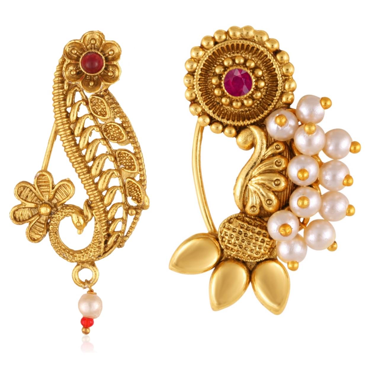     			Vivastri's Premium Gucchedar Maharashtrian/Peackock Styled Nosepin Combo Set Of 2 For Ladies-VIVA1095-1172NTH-Press-Red