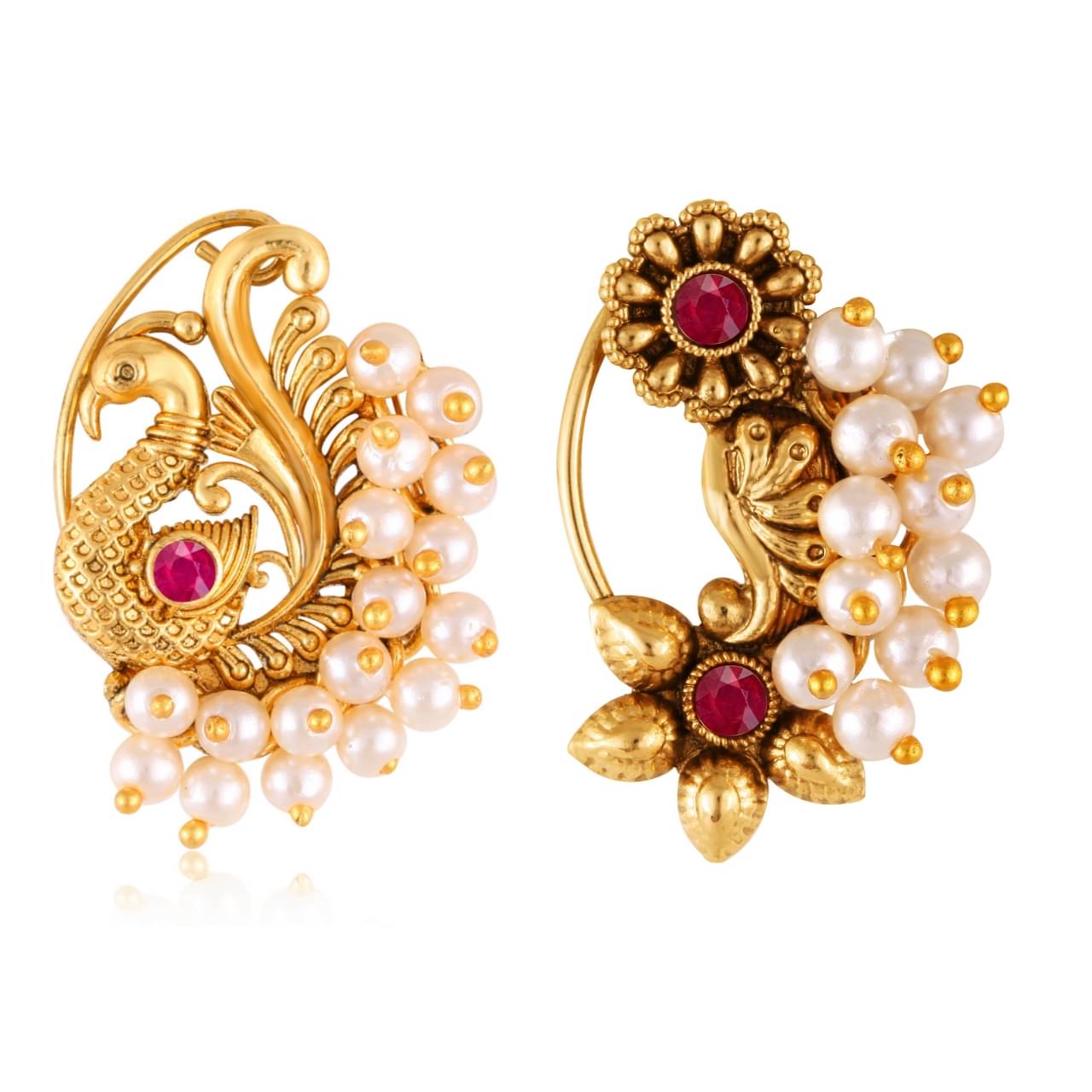 Vivastri's Premium Gucchedar Maharashtrian/Peackock Styled Nosepin Combo Set Of 2 For Ladies-VIVA1134-1180NTH-Press-Red Vivastri's Premium Gucchedar Maharashtrian/Peackock Styled Nosepin Combo Set Of 2 For Ladies-VIVA1134-1180NTH-Press-Red