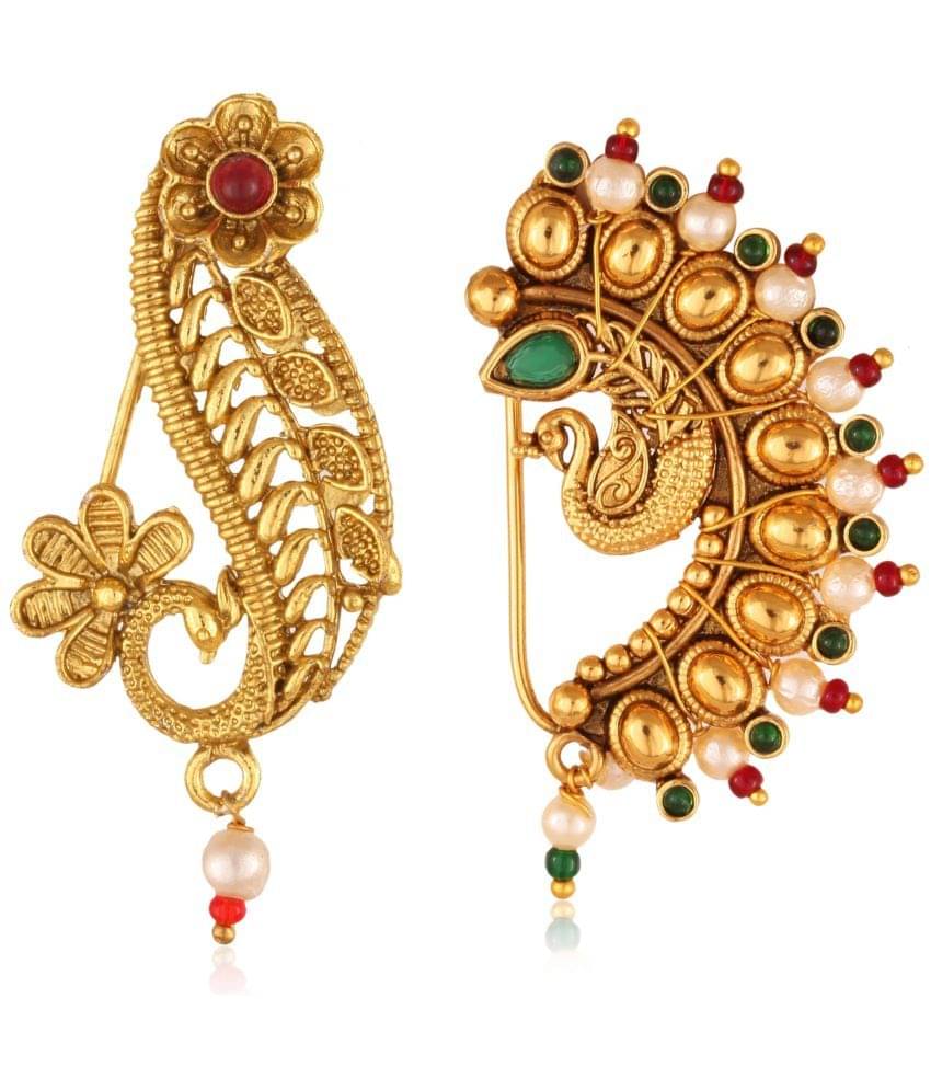     			Vivastri's Premium Gucchedar Maharashtrian/Peackock Styled Nosepin Combo Set Of 2 For Ladies-VIVA1095Red-1107NTH-Press-Multi