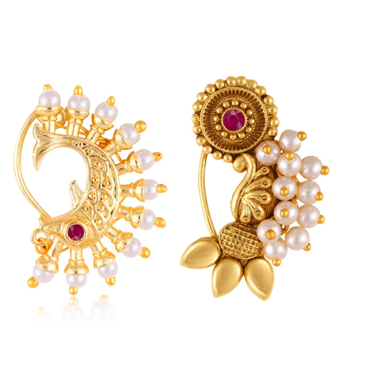 Vivastri's Premium Gucchedar Maharashtrian/Peackock Styled Nosepin Combo Set Of 2 For Ladies-VIVA1146-1172NTH-Press-Red Vivastri's Premium Gucchedar Maharashtrian/Peackock Styled Nosepin Combo Set Of 2 For Ladies-VIVA1146-1172NTH-Press-Red