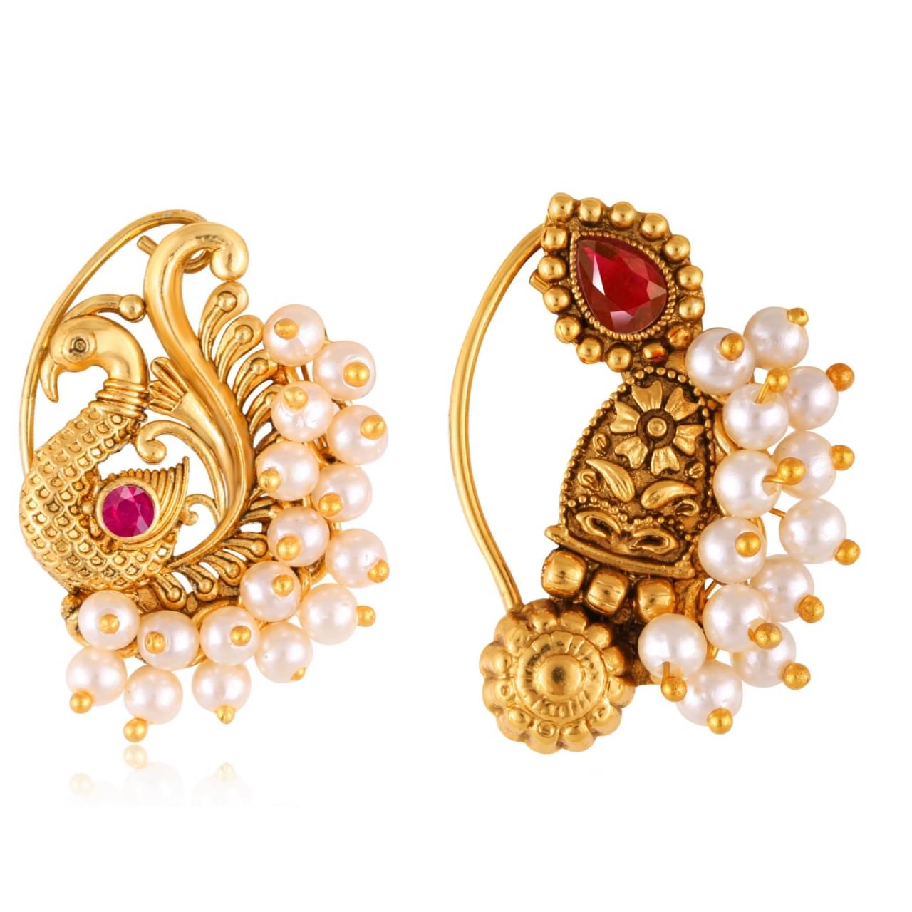     			Vivastri's Premium Gucchedar Maharashtrian/Peackock Styled Nosepin Combo Set Of 2 For Ladies-VIVA1134-1176NTH-Press-Red