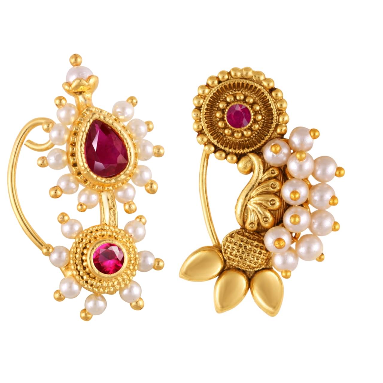 Vivastri's Premium Gucchedar Maharashtrian/Peackock Styled Nosepin Combo Set Of 2 For Ladies-VIVA1165-1172NTH-Press-Red Vivastri's Premium Gucchedar Maharashtrian/Peackock Styled Nosepin Combo Set Of 2 For Ladies-VIVA1165-1172NTH-Press-Red