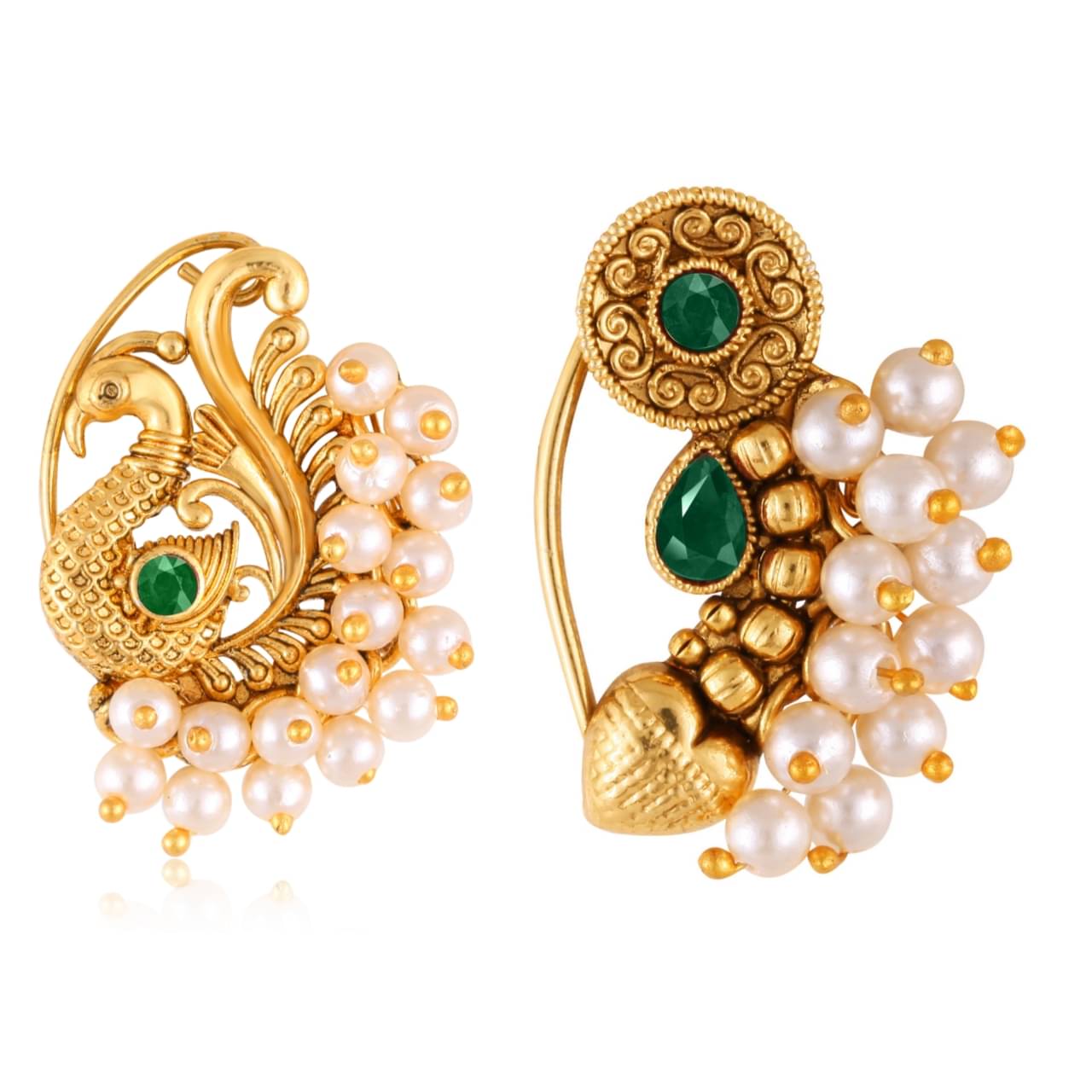 Vivastri's Premium Gucchedar Maharashtrian/Peackock Styled Nosepin Combo Set Of 2 For Ladies-VIVA1134-1174NTH-Press-Green Vivastri's Premium Gucchedar Maharashtrian/Peackock Styled Nosepin Combo Set Of 2 For Ladies-VIVA1134-1174NTH-Press-Green