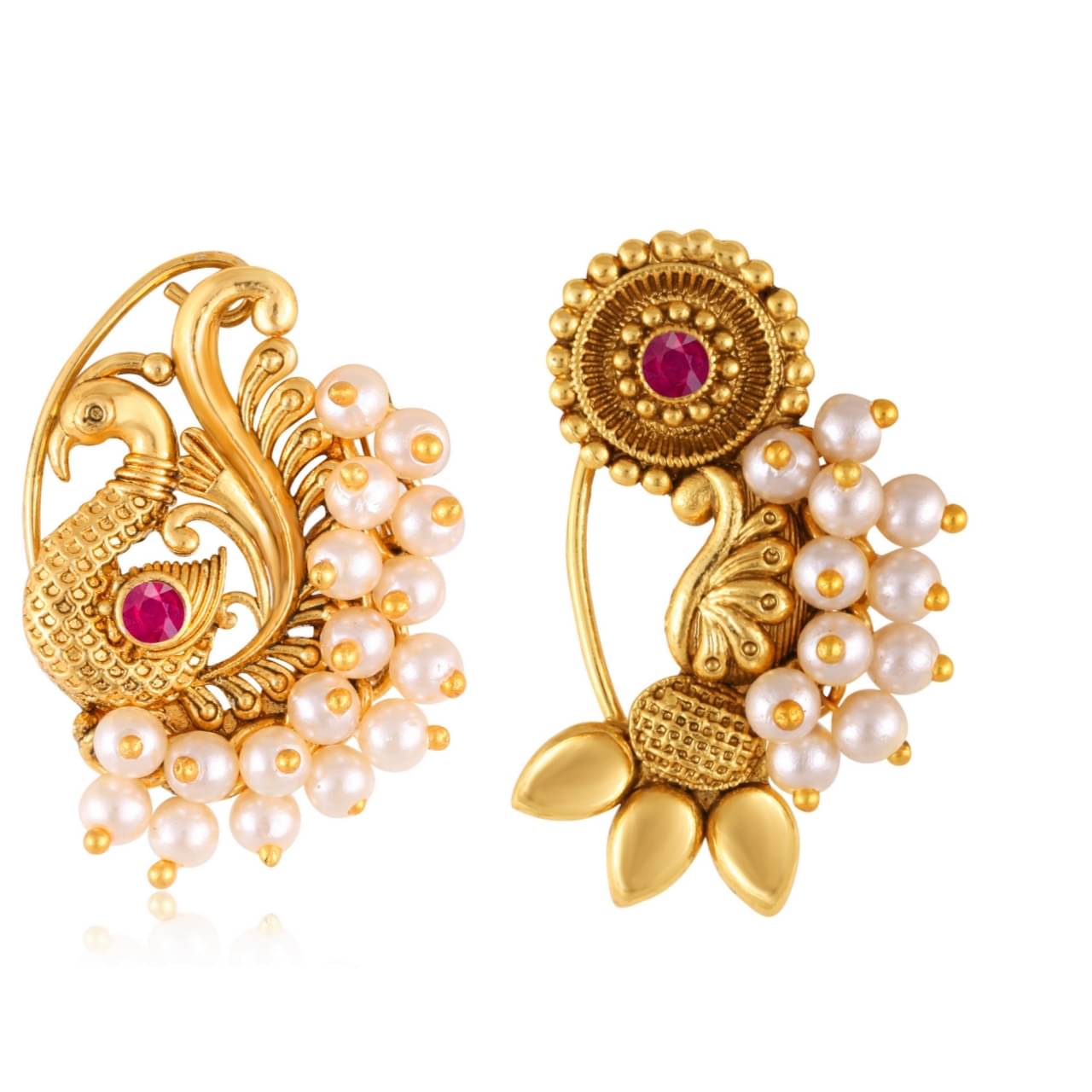 Vivastri's Premium Gucchedar Maharashtrian/Peackock Styled Nosepin Combo Set Of 2 For Ladies-VIVA1134-1172NTH-Press-Red     			Vivastri's Premium Gucchedar Maharashtrian/Peackock Styled Nosepin Combo Set Of 2 For Ladies-VIVA1134-1172NTH-Press-Red