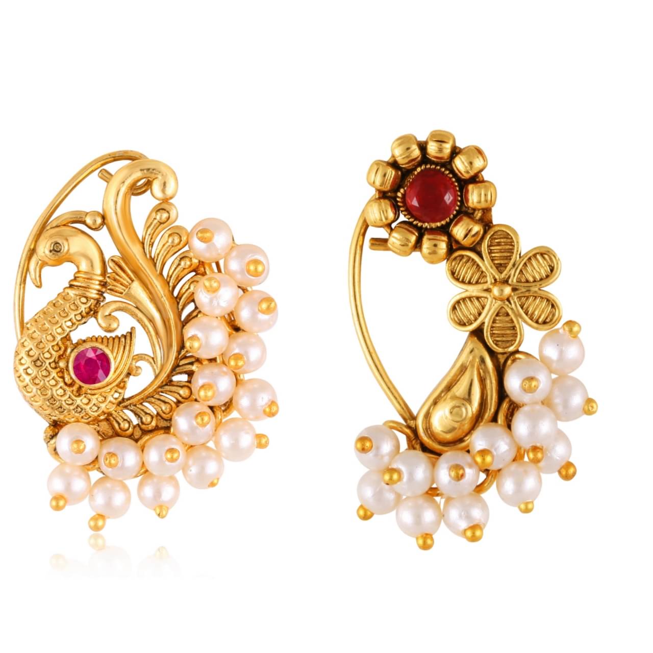 Vivastri's Premium Gucchedar Maharashtrian/Peackock Styled Nosepin Combo Set Of 2 For Ladies-VIVA1134-1173NTH-Press-Red Vivastri's Premium Gucchedar Maharashtrian/Peackock Styled Nosepin Combo Set Of 2 For Ladies-VIVA1134-1173NTH-Press-Red
