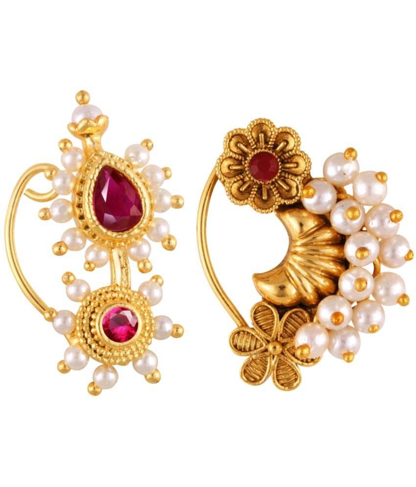 Vivastri's Premium Gucchedar Maharashtrian/Peackock Styled Nosepin Combo Set Of 2 For Ladies-VIVA1165-1179NTH-Press-Red Vivastri's Premium Gucchedar Maharashtrian/Peackock Styled Nosepin Combo Set Of 2 For Ladies-VIVA1165-1179NTH-Press-Red