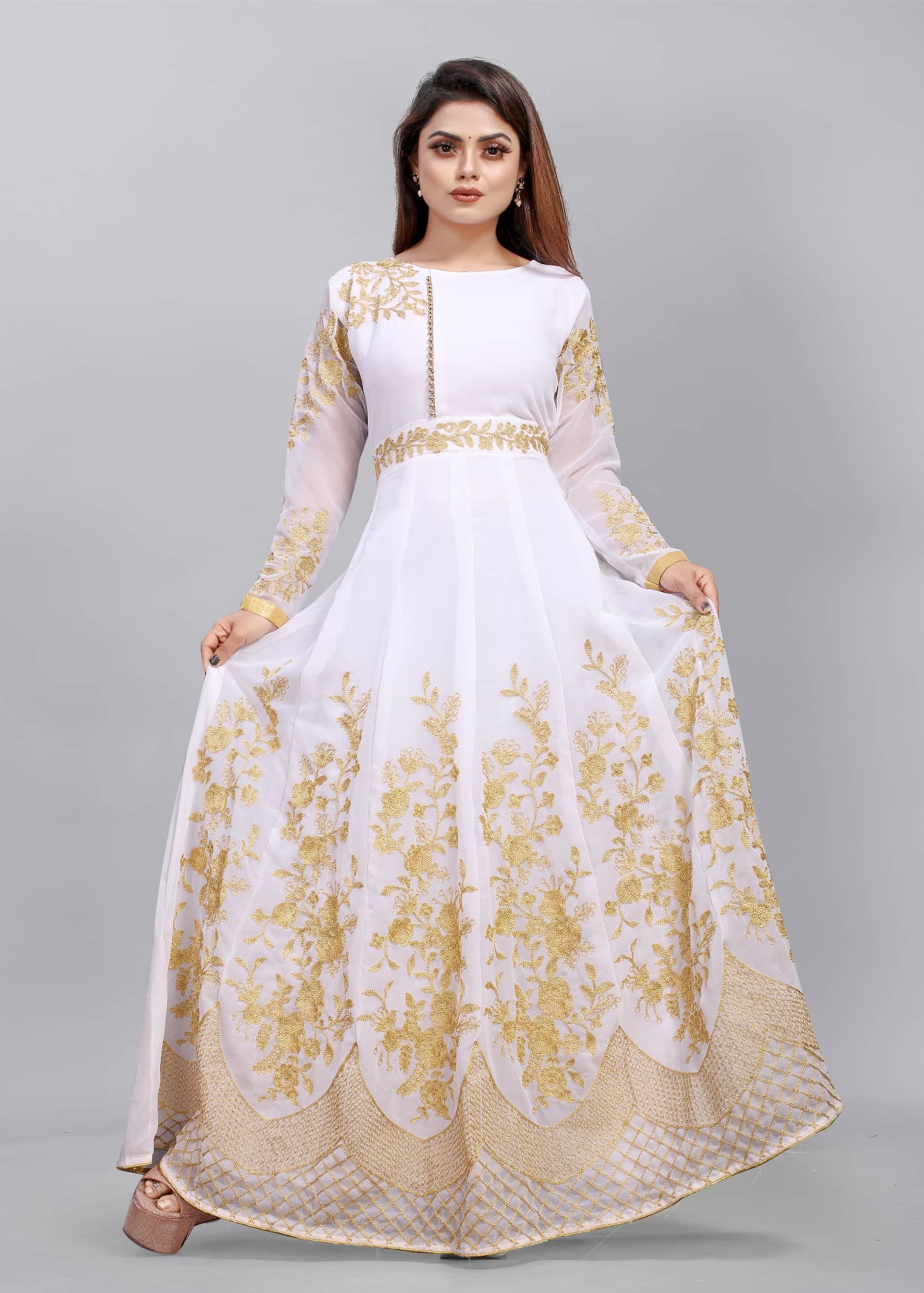 A TO Z CART White Flared Georgette Women's Semi Stitched Ethnic Gown ( Pack of 1 ) - Unstitched Fabrics | Buy online on ZillyBuy