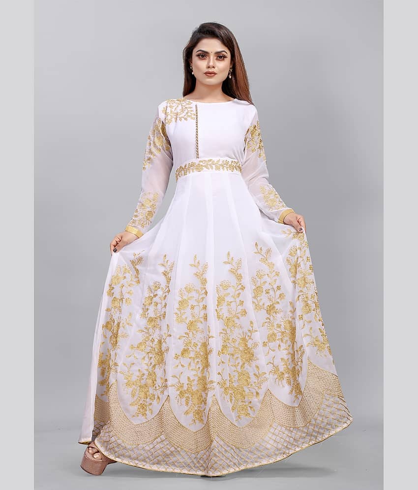 A TO Z CART White Flared Georgette Women's Semi Stitched Ethnic Gown ( Pack of 1 ) - Unstitched Fabrics | Buy online on ZillyBuy