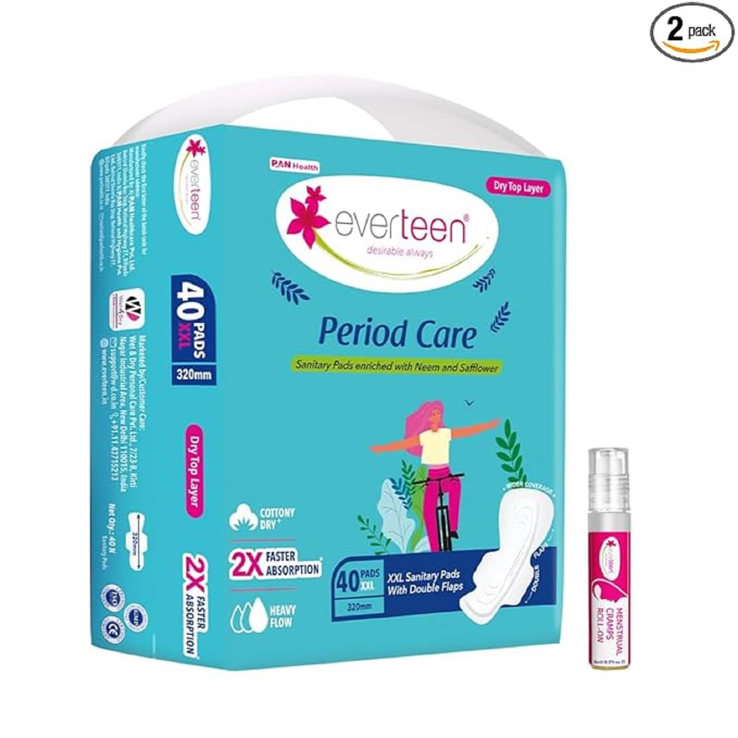 everteen combo 40 XXL Dry Sanitary Pads with Free Menstrual Period Pain Relief Cramps Roll-On (5ml)