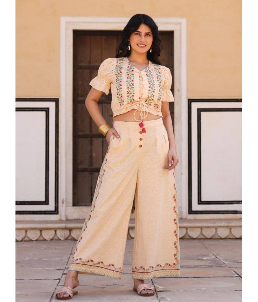     			Juniper Women Embroidered Top With Palazzos Co-Ord Set ( Beige )
