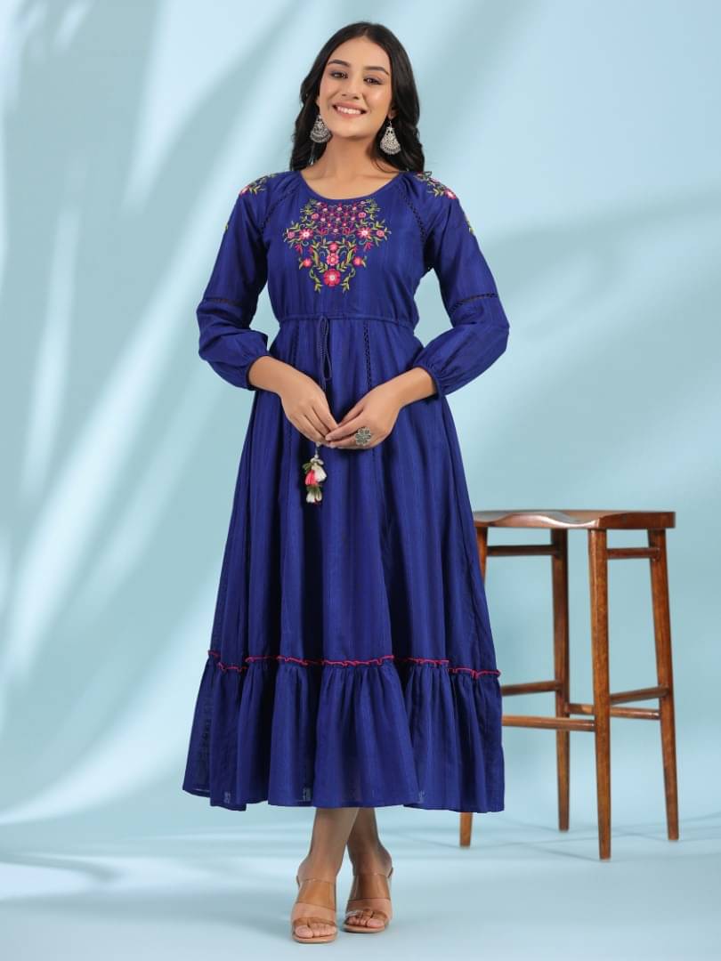 Juniper Cotton Embroidered Midi Women's Fit & Flare Dress - Indigo ( Pack of 1 ) Juniper Cotton Embroidered Midi Women's Fit & Flare Dress - Indigo ( Pack of 1 )