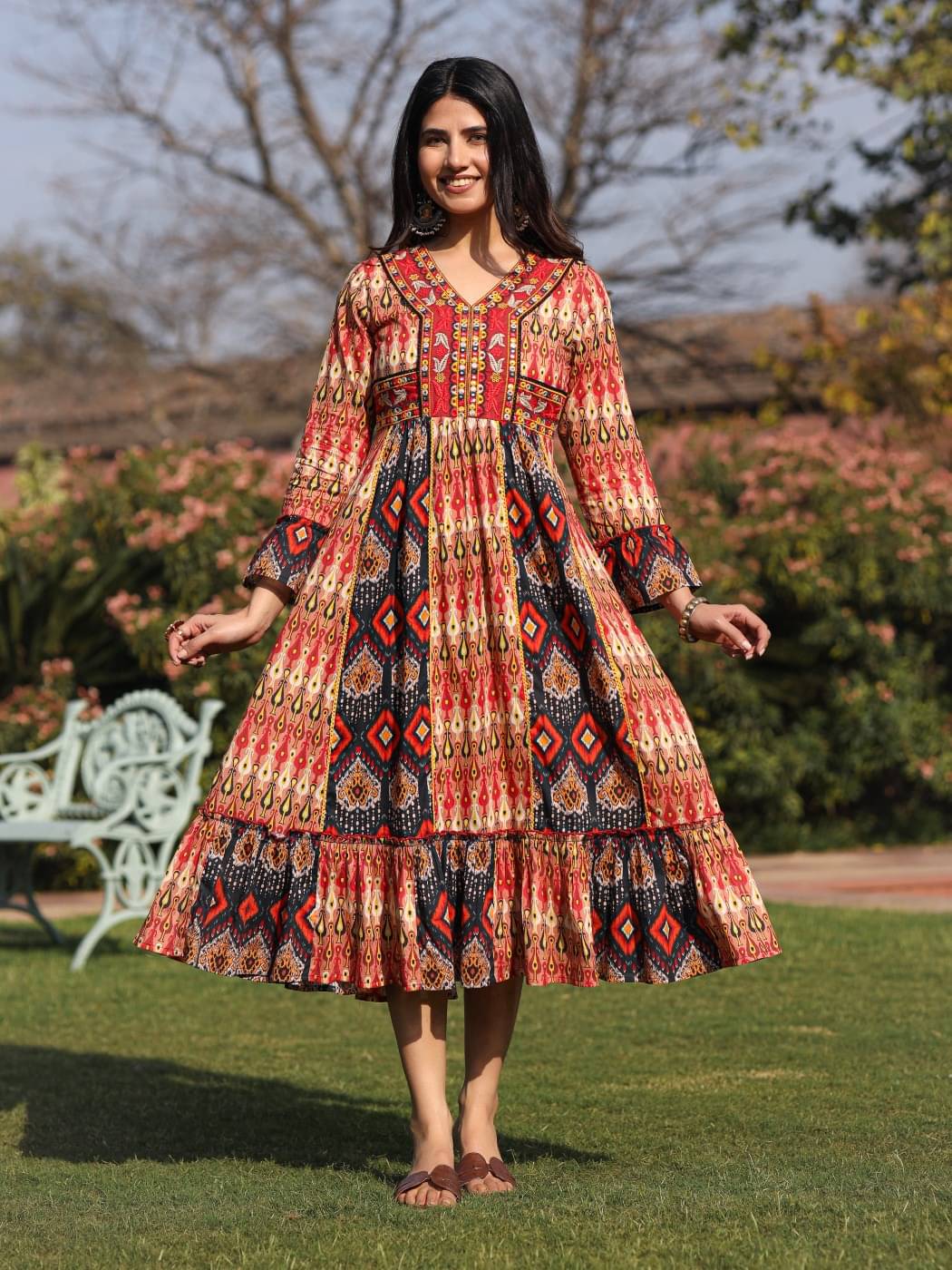    			Juniper Cotton Printed Midi Women's Fit & Flare Dress - Rust ( Pack of 1 )