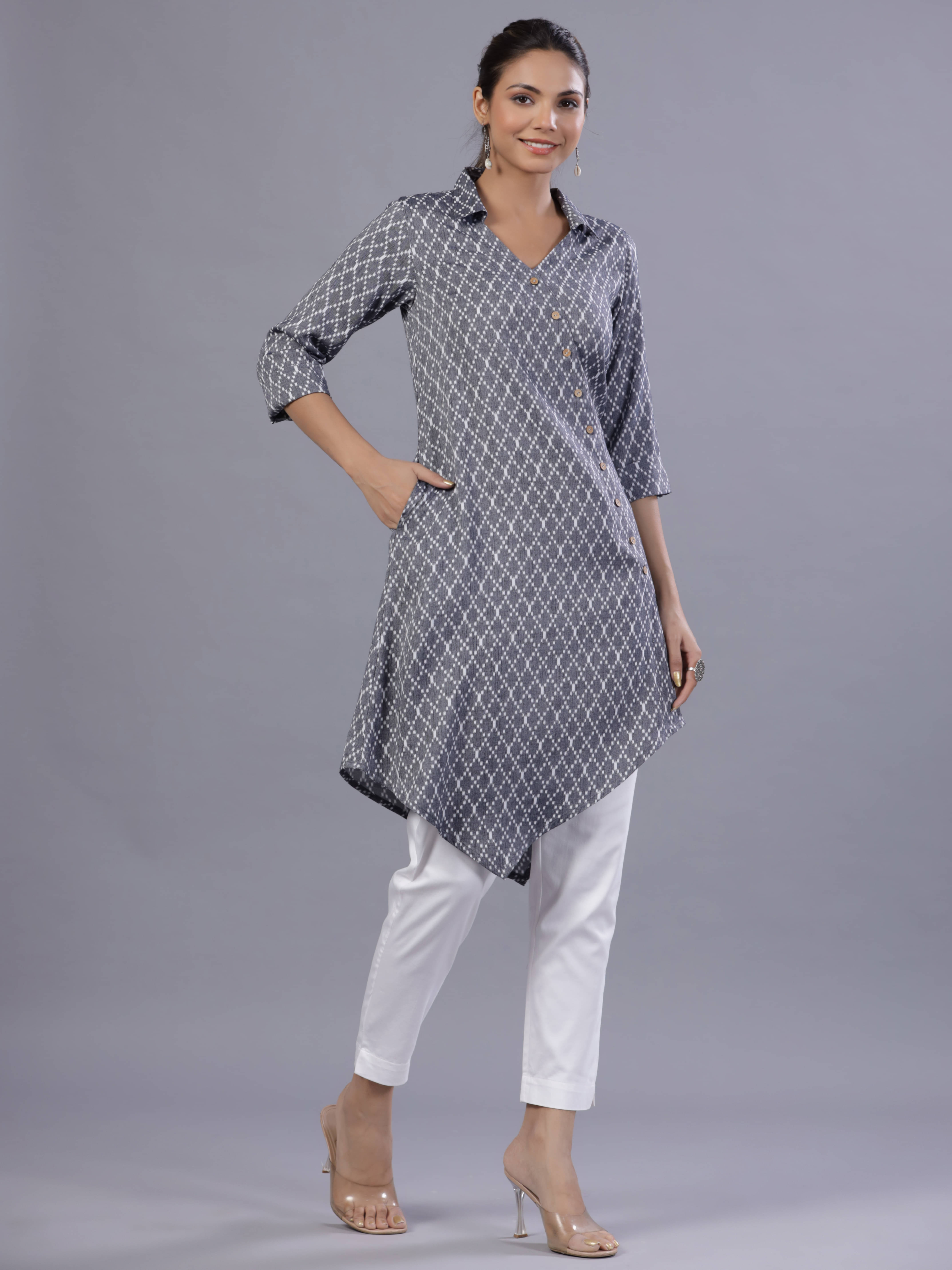 Juniper Rayon Checks Asymmetrical Women's Kurti - Blue ( Pack of 1 ) Juniper Rayon Checks Asymmetrical Women's Kurti - Blue ( Pack of 1 )