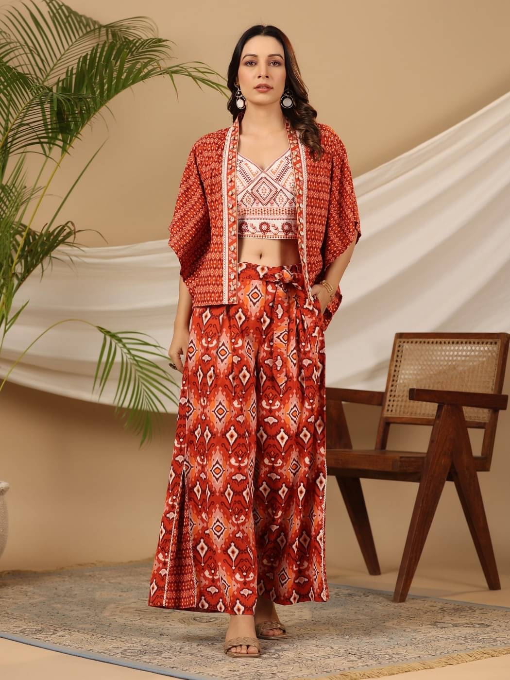     			Juniper Women Embroidered Top With Palazzos Co-Ord Set ( Rust )