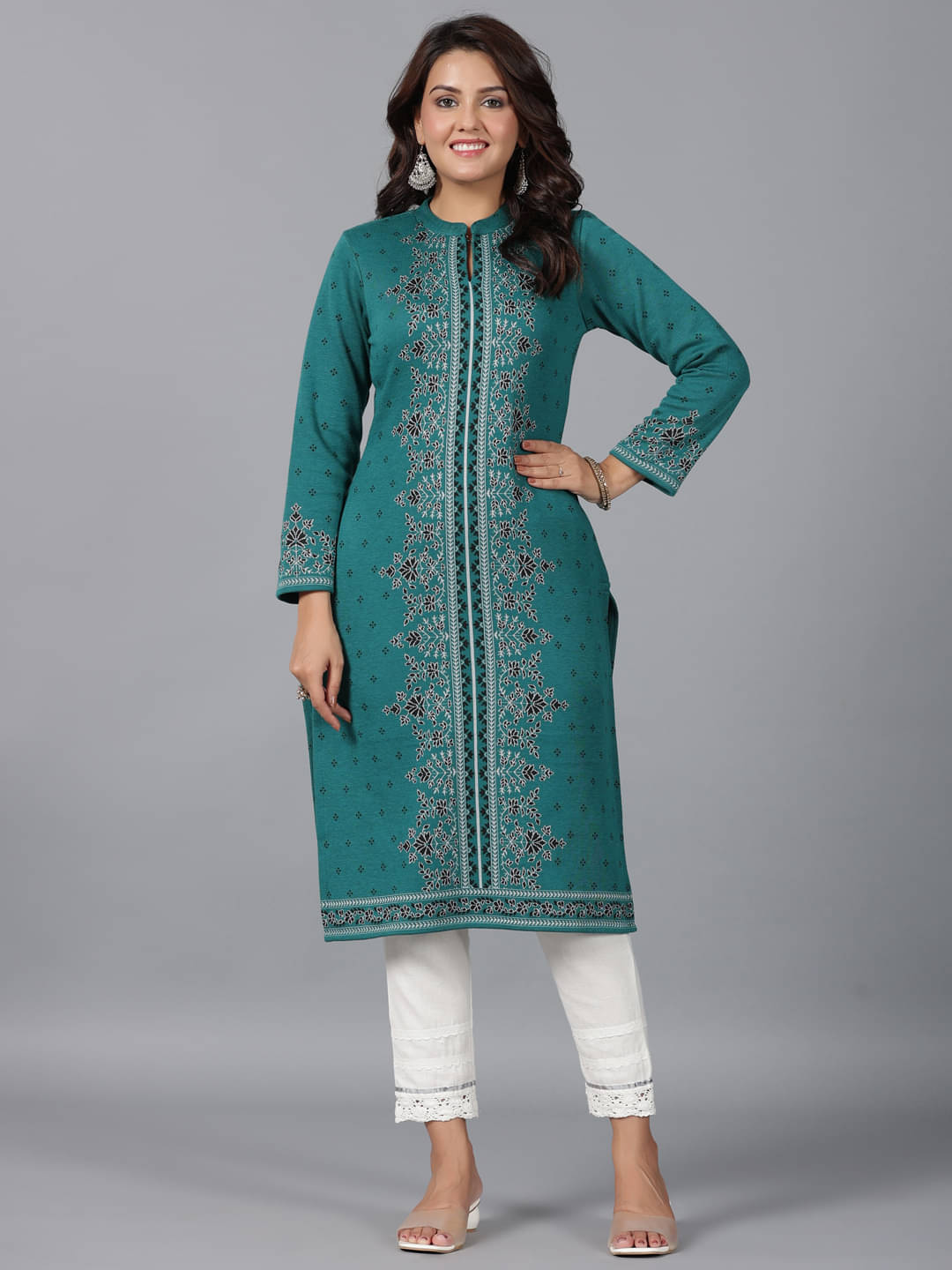 Juniper Woollen Printed Straight Women's Kurti - Teal ( Pack of 1 ) Juniper Woollen Printed Straight Women's Kurti - Teal ( Pack of 1 )