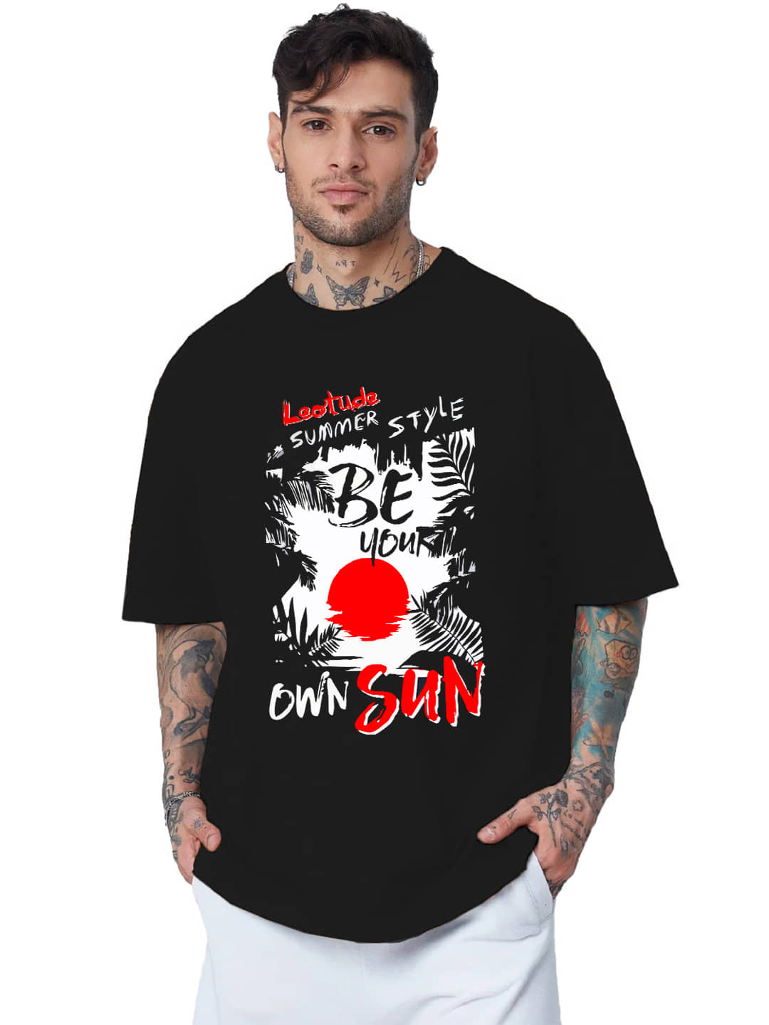 Leotude Men Cotton Blend Oversized Fit Printed T-Shirt ( Black )