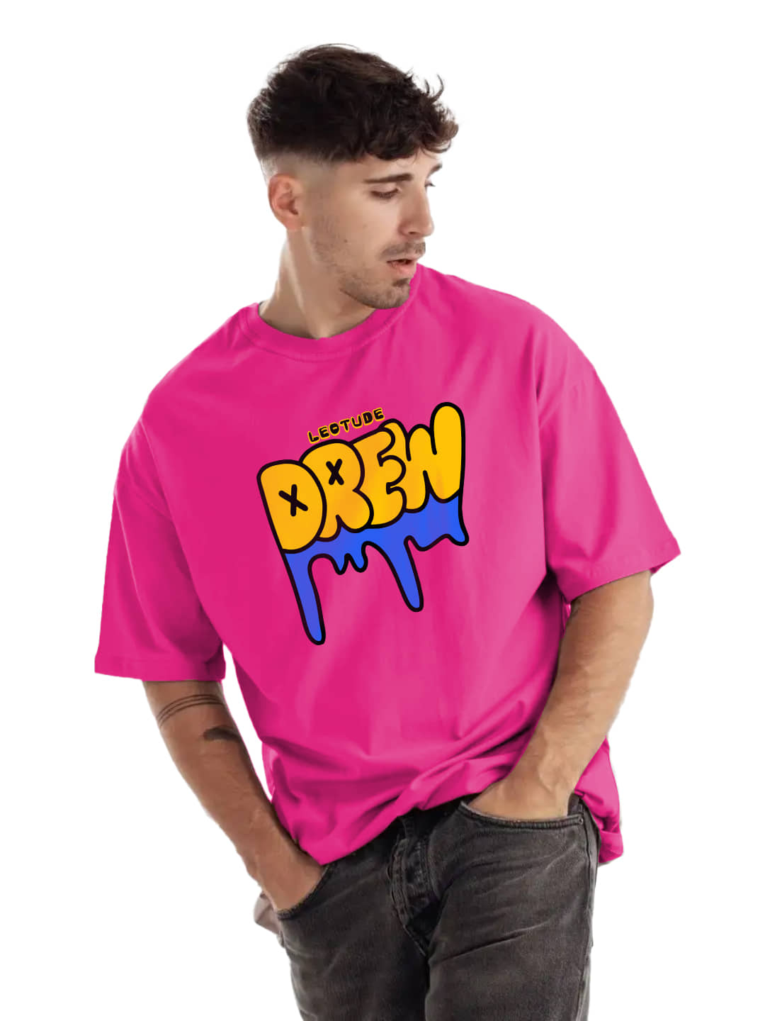 Leotude Cotton Blend Oversized Fit Printed Half Sleeves Men's T-Shirt - Pink ( Pack of 1 )