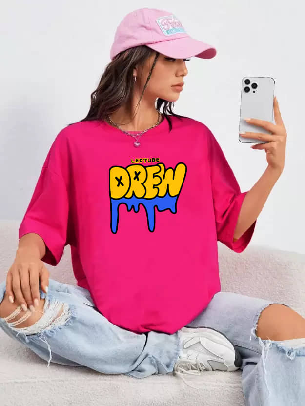 Leotude Women Cotton Blend Printed Oversized Fit Round Neck T-Shirt ( Pink )