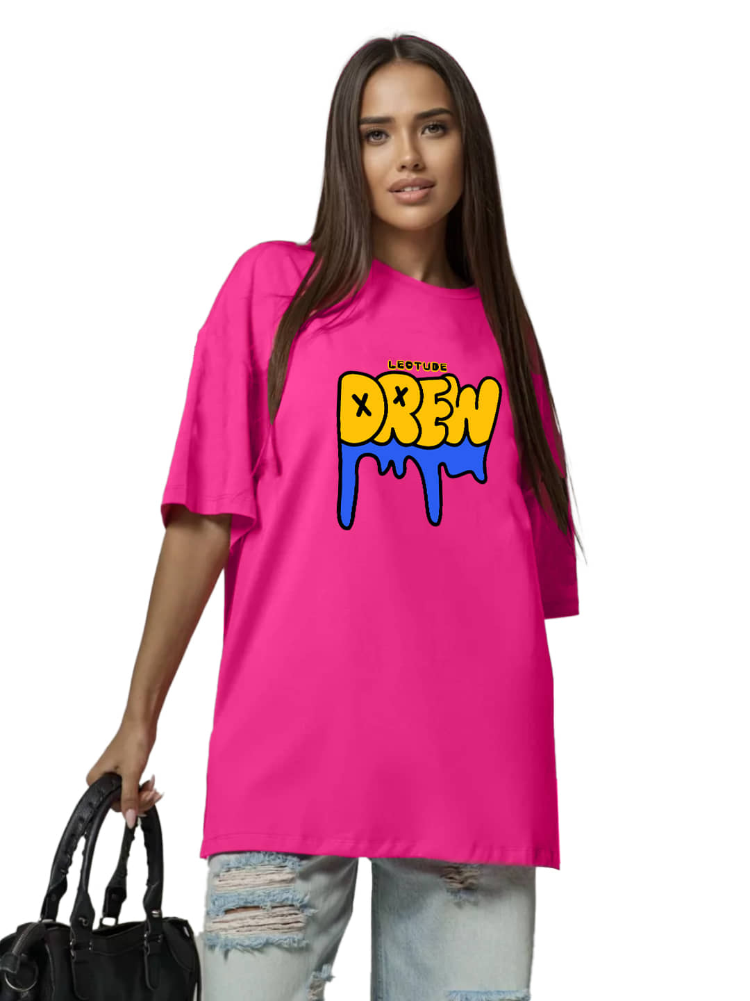 Leotude Women Cotton Blend Printed Oversized Fit Round Neck T-Shirt ( Pink )