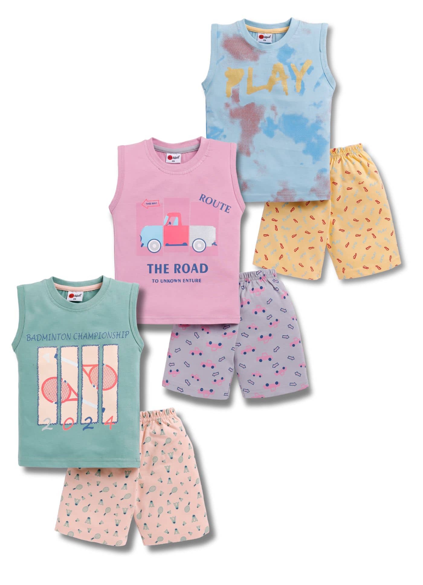 Mars Infiniti Pack of 3 Boys Cotton T-Shirt & Shorts Set ( Green,Blue,Pink )