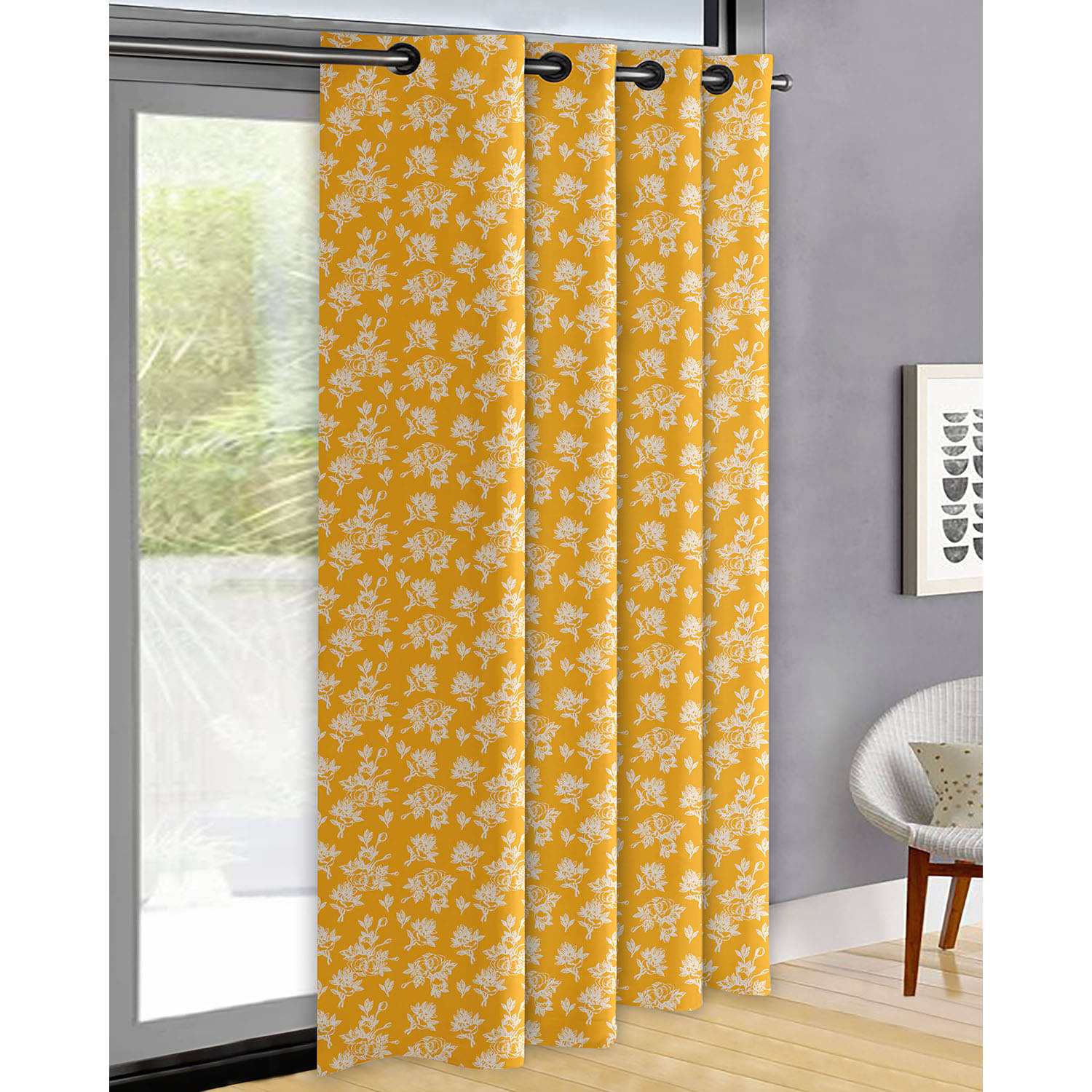 Oasis Hometex Floral Room Darkening Eyelet Curtain 7 ft ( Pack of 1 ) - Yellow Oasis Hometex Floral Room Darkening Eyelet Curtain 7 ft ( Pack of 1 ) - Yellow