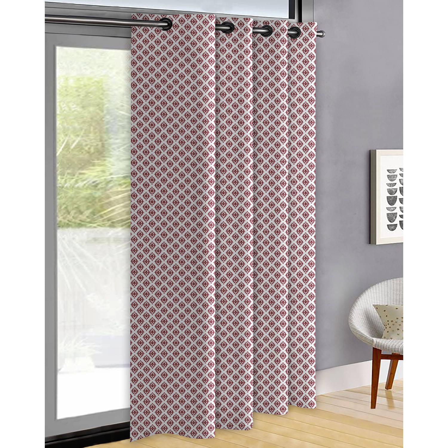     			Oasis Hometex Geometric Room Darkening Eyelet Curtain 7 ft ( Pack of 1 ) - Red