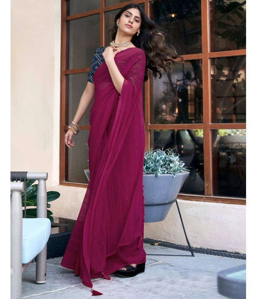     			Satrani Georgette Striped Saree With Unstitched Blouse Piece ( Magenta )