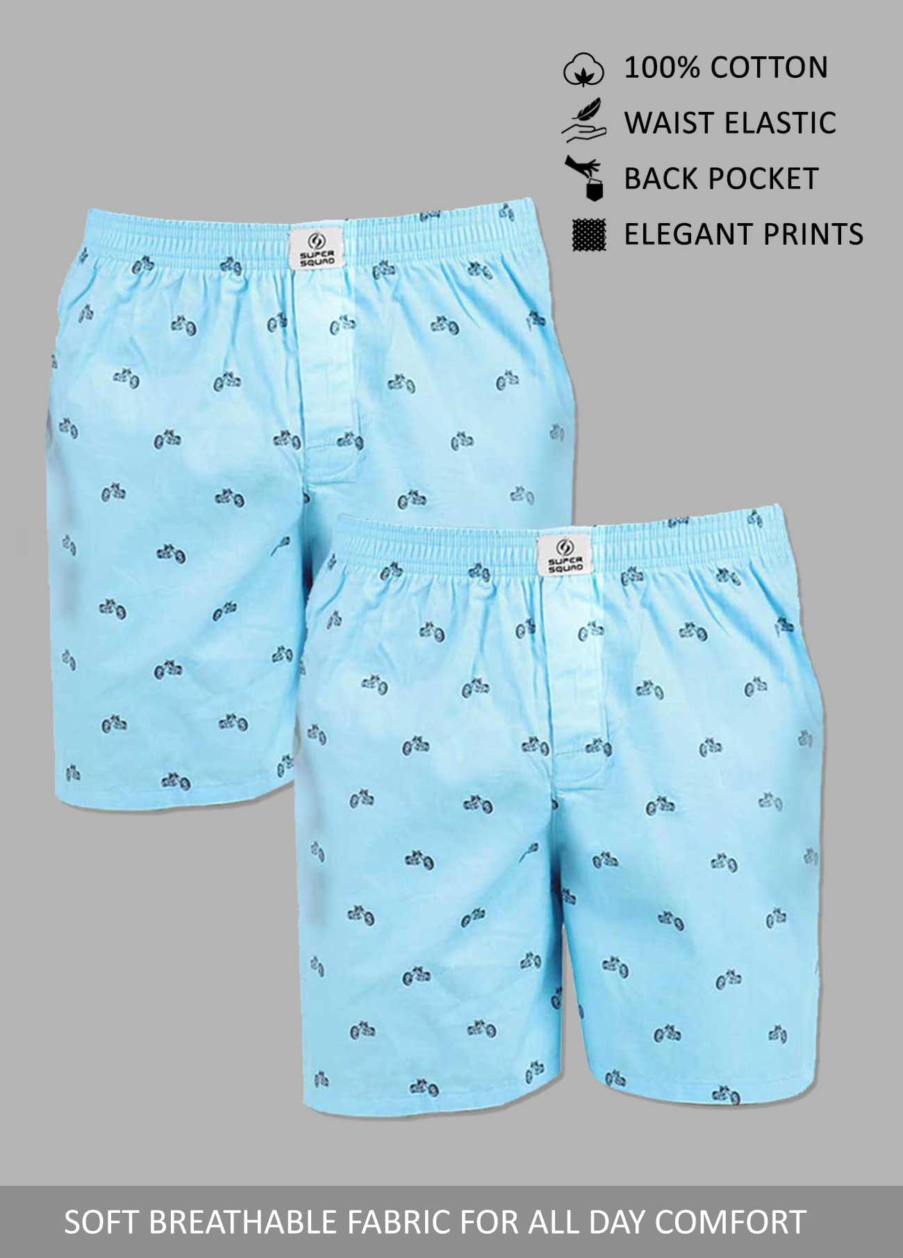 Supersquad Pack of 2 Cotton Boxers For Men's ( Light Blue )