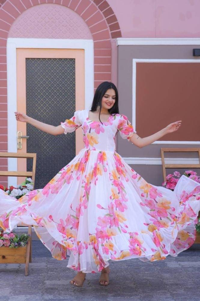 kedar fab Women Georgette Printed Fit & Flare Dress ( Pink )     			kedar fab Women Georgette Printed Fit & Flare Dress ( Pink )
