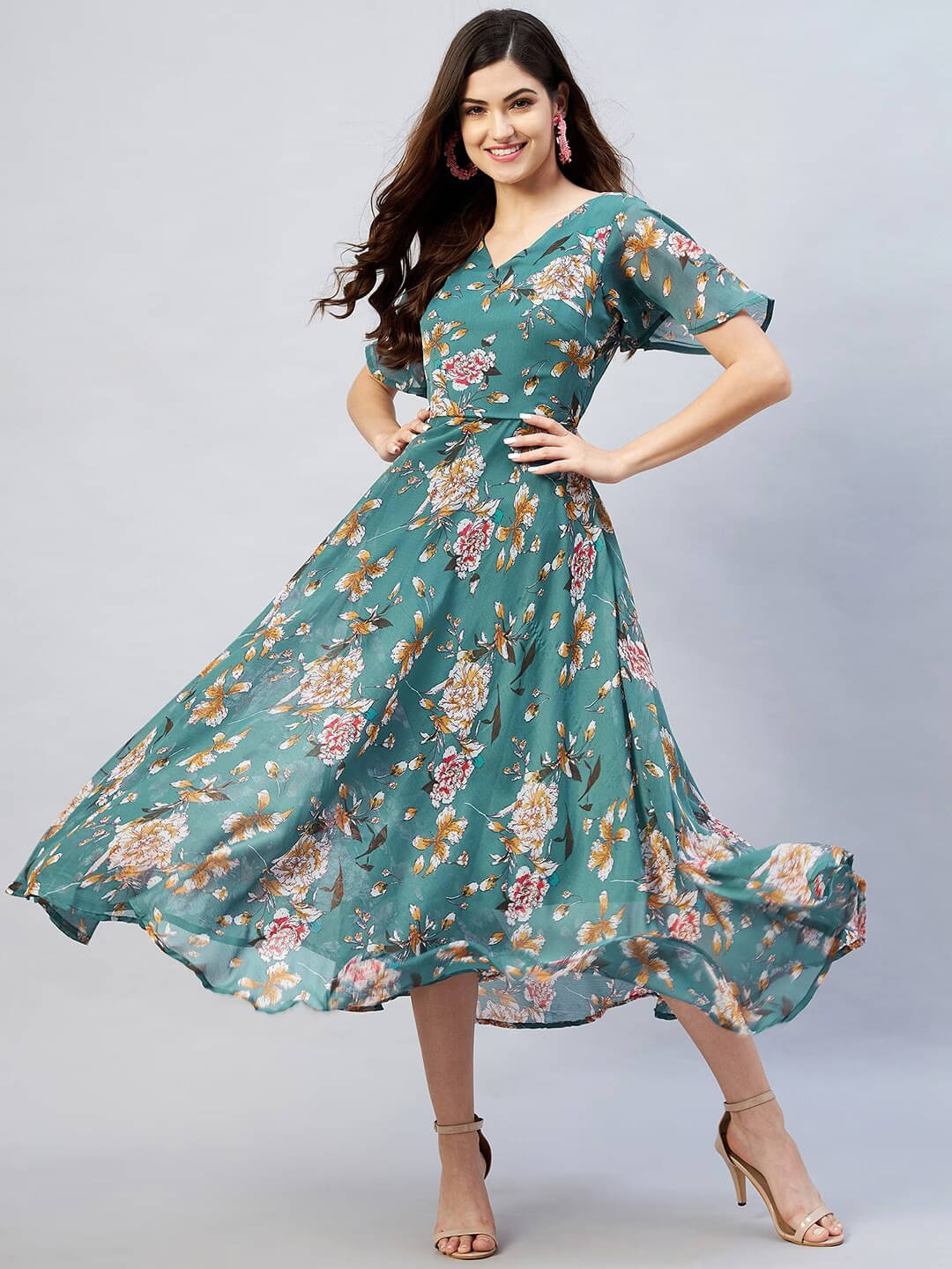     			kedar fab Georgette Printed Midi Women's Fit & Flare Dress - Teal ( Pack of 1 )