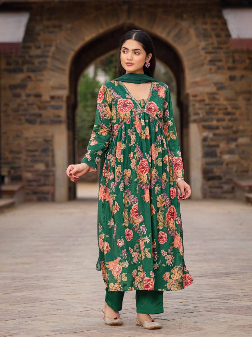 Juniper Silk Blend Printed Kurti With Pants Women's Stitched Salwar Suit - Green ( Pack of 1 ) Juniper Silk Blend Printed Kurti With Pants Women's Stitched Salwar Suit - Green ( Pack of 1 )