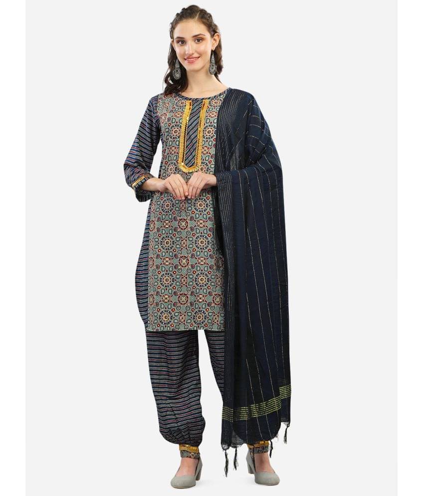    			gufrina Chanderi Embellished Kurti With Salwar Women's Stitched Salwar Suit - Blue ( Pack of 1 )