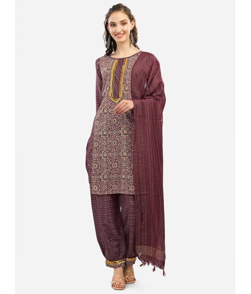    			gufrina Chanderi Embellished Kurti With Salwar Women's Stitched Salwar Suit - Pink ( Pack of 1 )