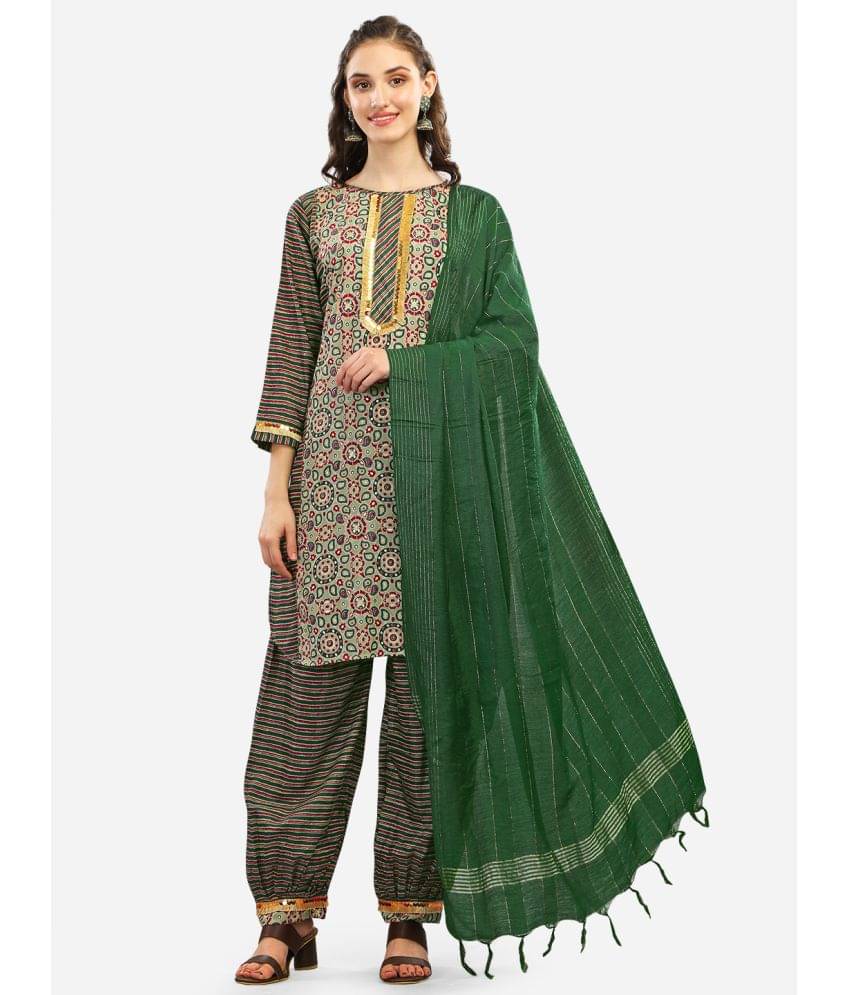gufrina Chanderi Printed Kurti With Salwar Women's Stitched Salwar Suit - Green ( Pack of 1 ) gufrina Chanderi Printed Kurti With Salwar Women's Stitched Salwar Suit - Green ( Pack of 1 )