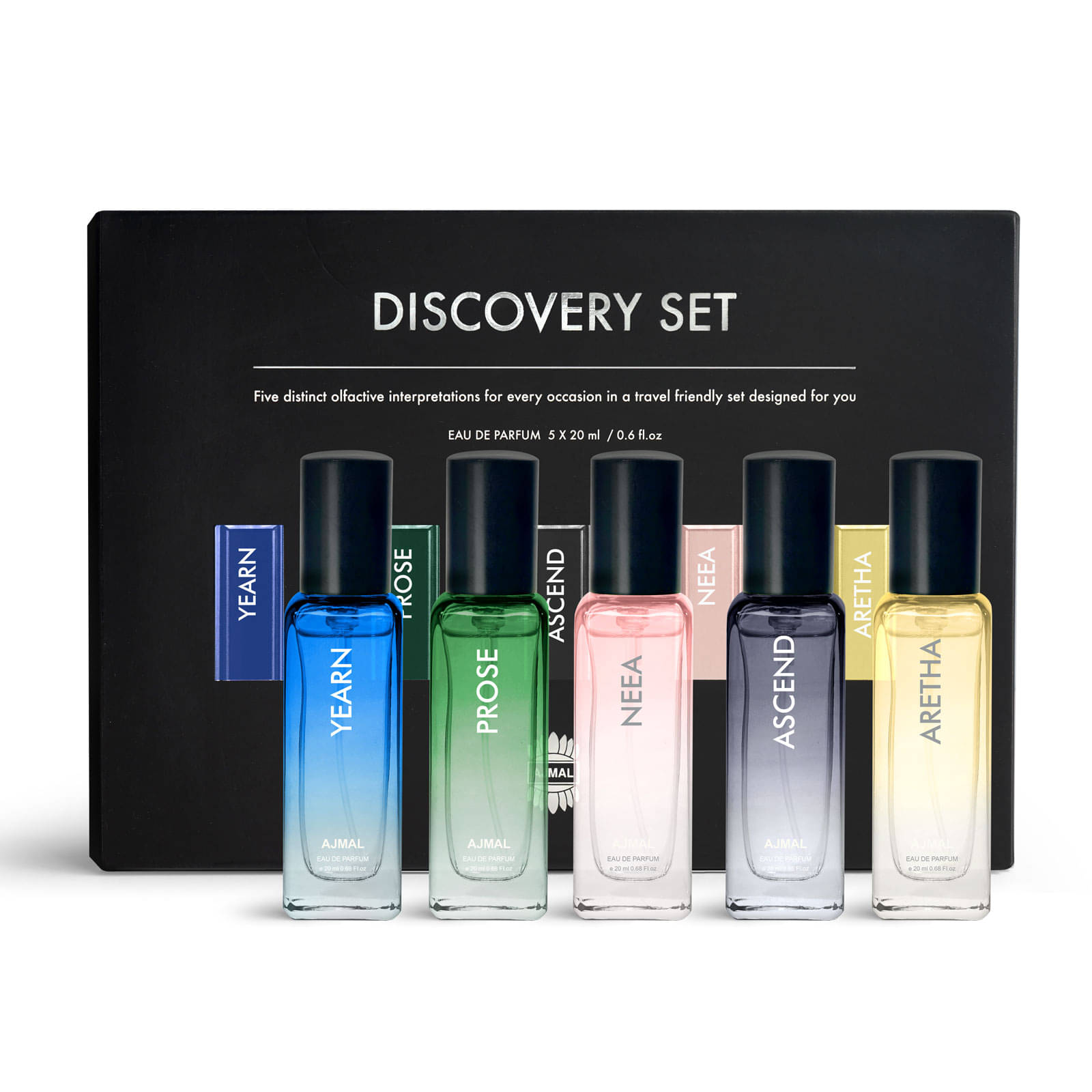     			Ajmal Discovery Set of 5 Eau De Perfume 20ml each of Yearn, Prose, Ascend, Neea and Aretha Gift For Men & Women (Total 100 ml)