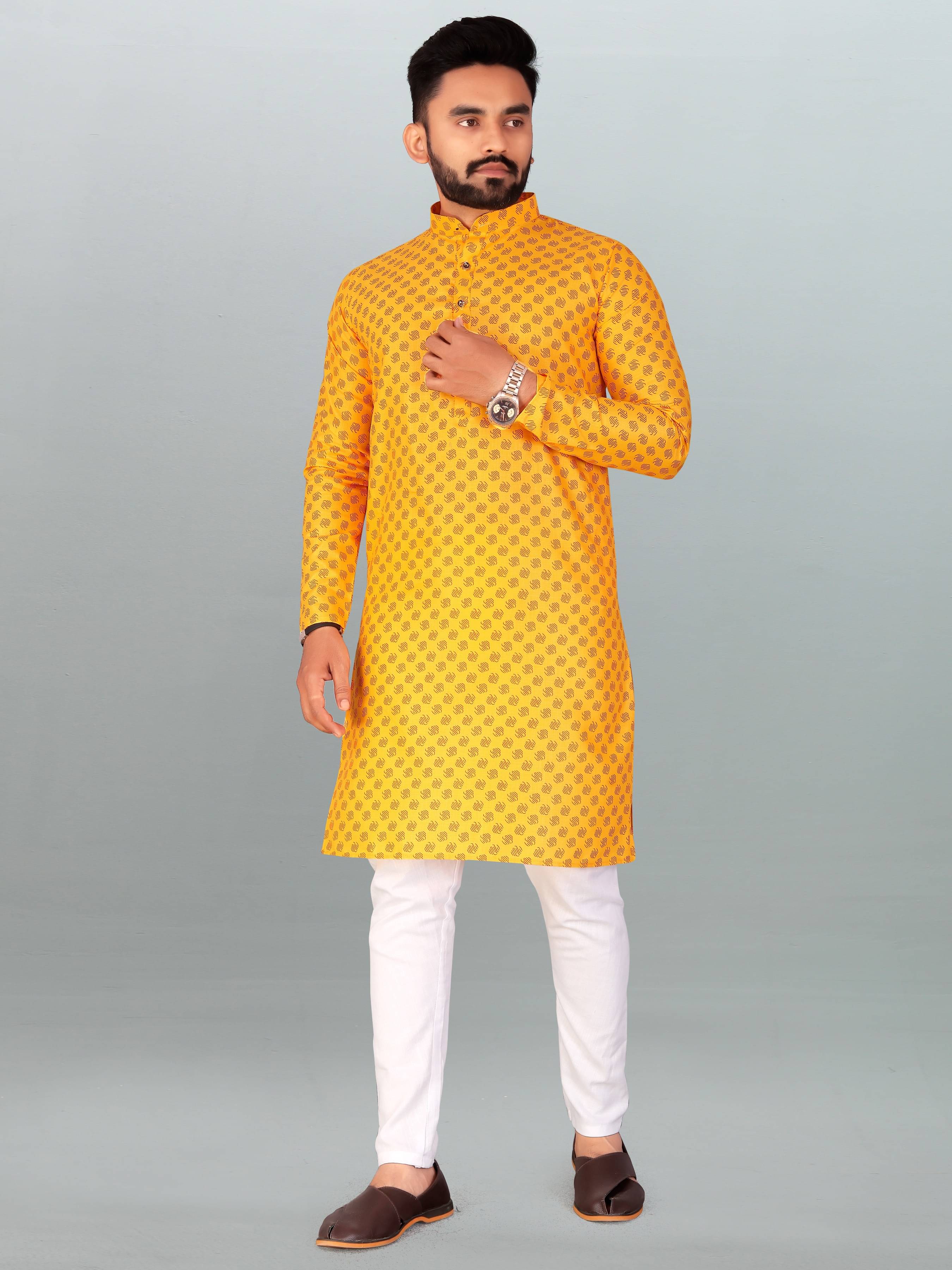     			FRELURO Yellow Cotton Blend Regular Fit Men's Kurta Pyjama Set ( Pack of 1 )